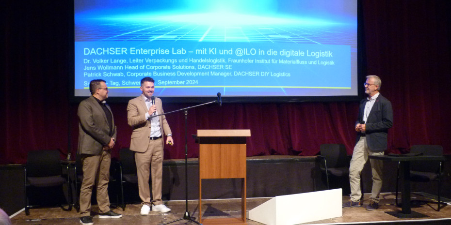 Patrick Schwab und Jens Wollmann von Dachser DIY Logistics sowie Dr. Volker Lange vom Fraunhofer Institut für Materialfluss und Logistik (v.l.) stellten das Projekt @ILO vor.