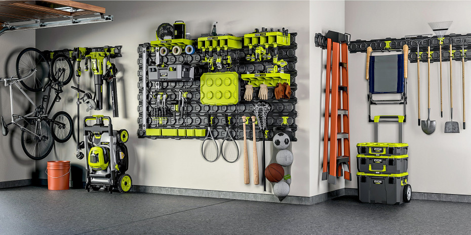 So schön sortiert kann mit dem Ryobi-Link-System der Werkzeug- und Maschinenpark in der Garage aussehen.