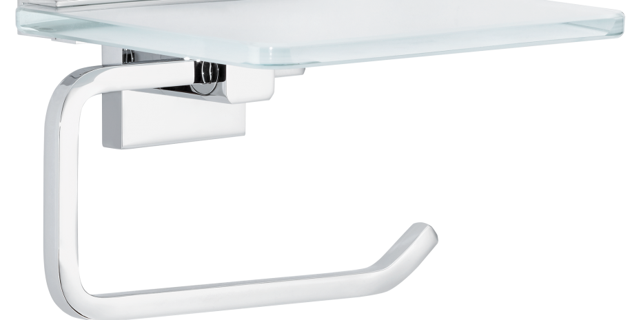 In den „Deluxxe“-Toilettenpapierhalter wurde eine Ablage aus Milchglas integriert, auf der sich beispielsweise ein Smartphone lagern lässt.