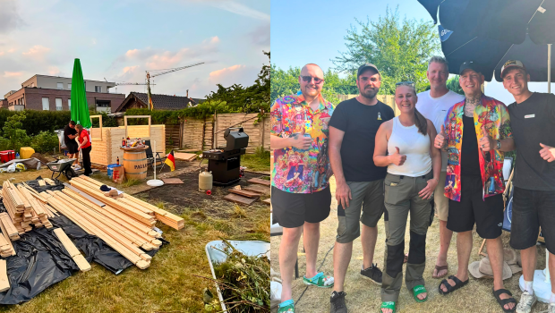 Das Livestream-Projekt „Unser Schrebergarten 2026“ entstand gemeinsam mit dem Hagebaumarkt Frieling, dem Marketing-Team aus der Hagebau-Zentrale sowie den Content Creatorn Max Schradin (3. v. r.) und Zarbex (2. v. r.).
