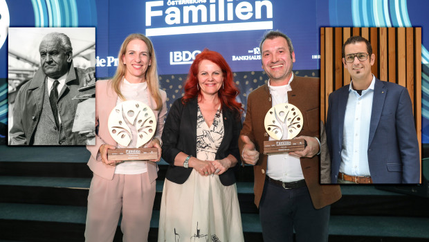 Fritz Egger sen. gründete im Jahr 1961 das Spanplattenwerk in Tirol (links). Ulrich Weihs, Egger-Familienmitglied in dritter Generation und CEO Egger Building Products, und Petra Reiner, Head of HR der Egger Gruppe (Mitte), und Michael Egger jun., Egger Gruppenleitung Vertrieb/Marketing (ganz rechts).