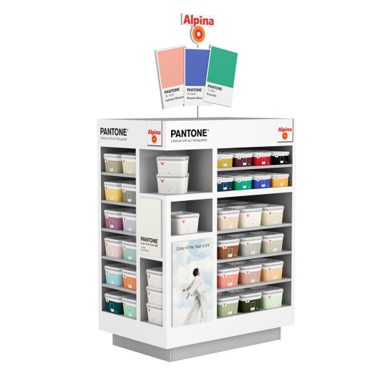 Der neue Freiflächenpräsenter für die Ready-Mix-Kollektion legt einen Fokus auf die Pantone Farbe des Jahres. Die 46 Kollektions-Farb­töne werden in Gebindegrößen mit 1 sowie 2,5 oder 5 Litern angeboten.
