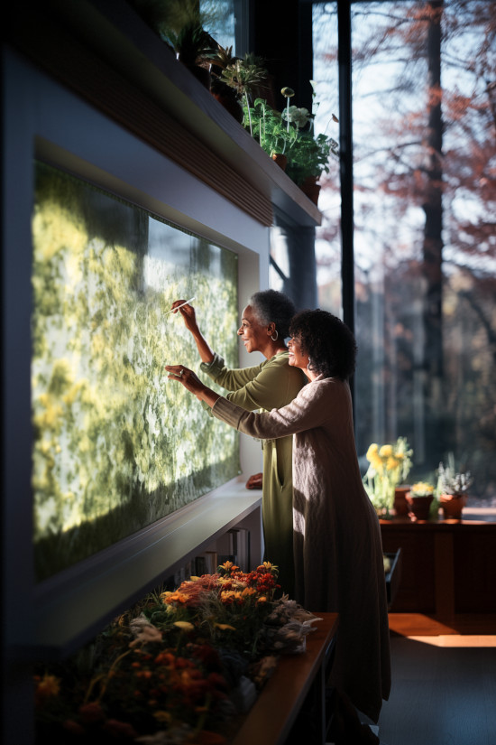 Angela nutzt Biosolartapeten, die mit Hilfe von Algen Strom aus Sonnenlicht erzeugen.