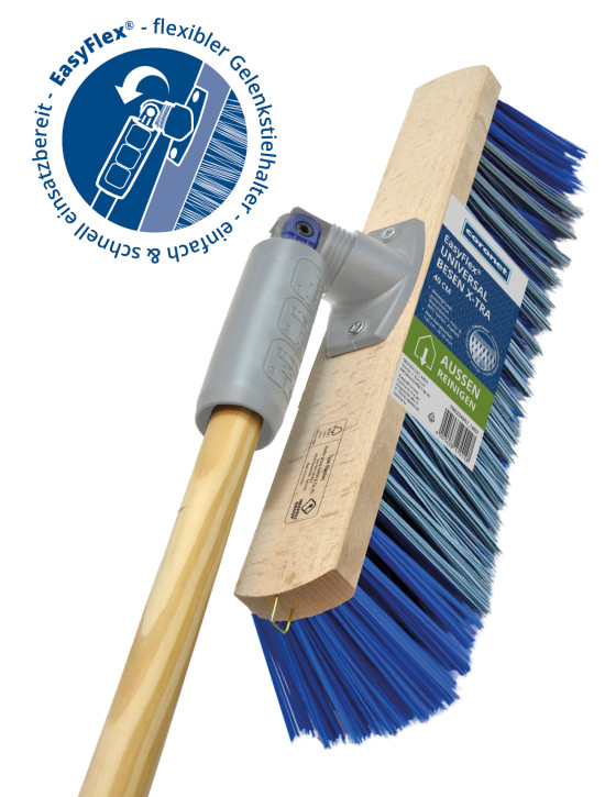 Der flexibel abknickbare Easy-Flex-Gelenkstielhalter erlaubt das Kehren auch unter Möbelstücken.&nbsp;