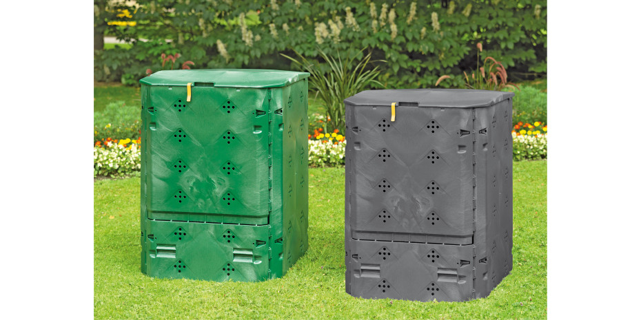 Die 600-Liter-Ausführung der Komposter-Bio-Linie ist in modernem Anthrazitgrau und klassischem Grün verfügbar.