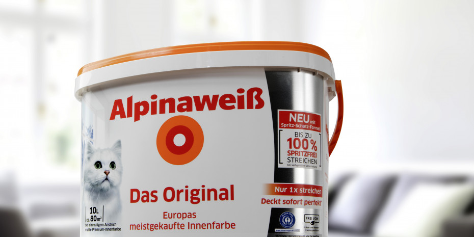 Das aktuelle Alpinaweiß&nbsp;Gebinde mit klarer Kommunikation&nbsp;der Produktvorteile