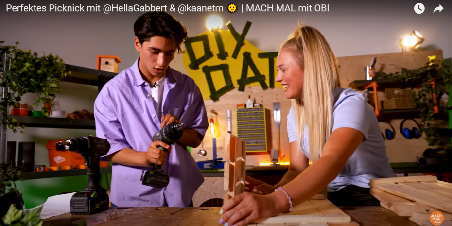 Obi arbeitet in seinem Youtube-Kanal „Mach‘ mal mit Obi“ mit Creatorinnen und Creatoren zusammen.&nbsp;Hier treffen sich Hella Gabbert und Kaan zum DIY-Date.
