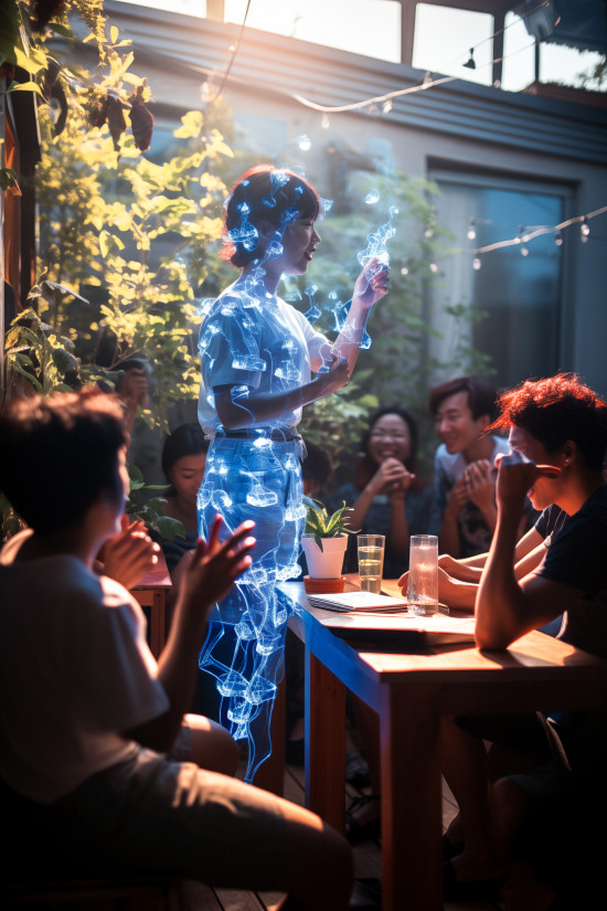 Jin nimmt als Hologramm an einer Hausparty teil.&nbsp;