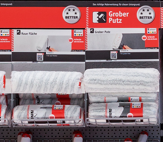 Die verschiedenen Untergrundstrukturen und die dazu passenden Malerwerkzeuge sind in der POS-Präsentation mit einem Blick zu erfassen. Die verschiedenen Untergrundstrukturen und die dazu passenden Malerwerkzeuge sind in der POS-Präsentation mit einem Blick zu erfassen.