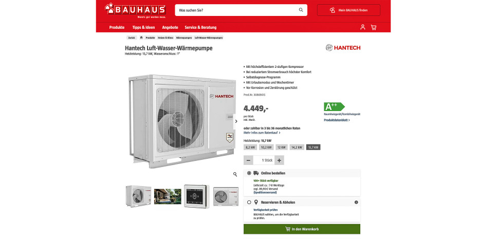 Bauhaus ist einer der wenigen Baumärkte, der schon ein größeres Sortiment an Wärmepumpen führt.