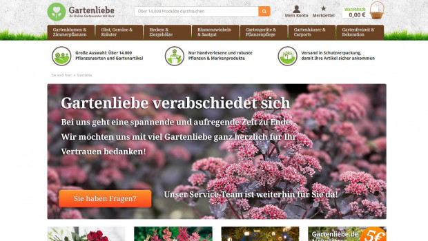 Im Internet steht lediglich noch ein Abschiedsgruß von Gartenliebe. Die aufgeführten Produkte sind als "ausverkauft" ausgezeichnet.