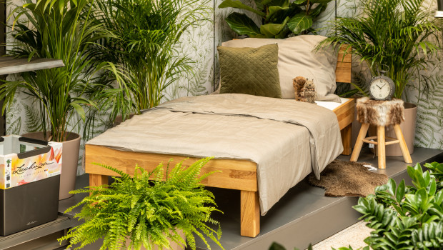 Ein Bett im Gartencenter: Das neue Bellaflora-Konzept arbeitet auch mit neuen Wohnsortimenten.