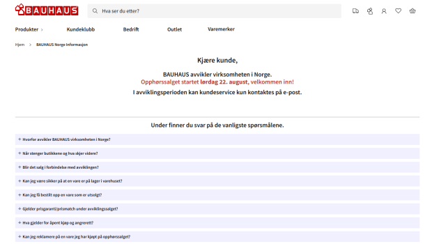 Auf seiner Website informiert Bauhaus in Norwegen bereits über die geplante Schließung der Märkte.&nbsp;