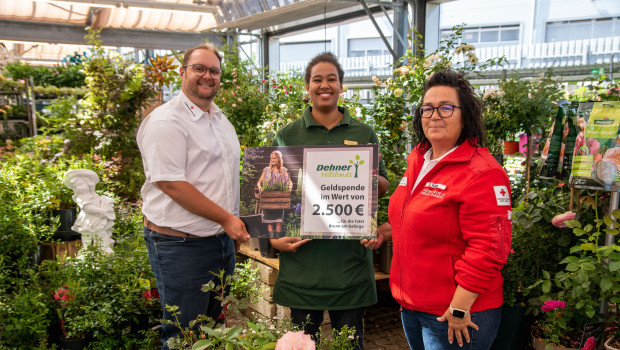 Spendenübergabe an die „Team Österreich Tafel Brunn am Gebirge“: Roman Frauenberger (Geschäftsführer, ÖRK Brunn) und Doris Kaina (Fachbereichsleiterin Gesundheit- und soziale Dienste, ÖRK Brunn) nehmen die Spende von Dehner-Azubi Noemi Liu (Mitte) entgegen&nbsp;