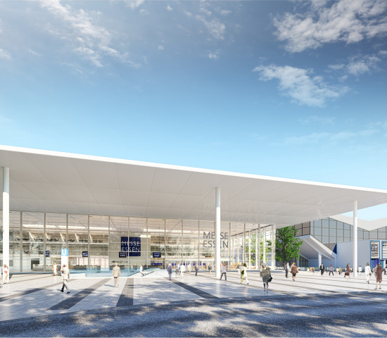 Das rund 2.000 m² große Glasfoyer im Eingangsbereich Ost erhält ein markantes Vordach.