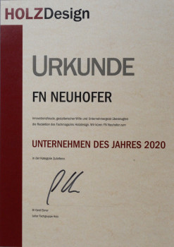 Das Fachmagazins Holzdesign hat FN Neuhofer zum „Unternehmen des Jahres 2020“ in der Kategorie Zulieferer gekürt. Das Fachmagazins Holzdesign hat FN Neuhofer zum „Unternehmen des Jahres 2020“ in der Kategorie Zulieferer gekürt.
