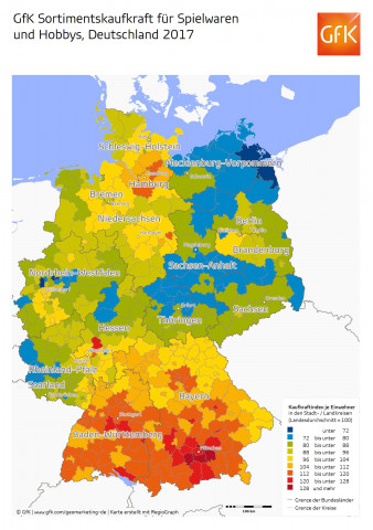 GfK-Sortimentskaufkraft für Spielwaren und Hobbys 2017.
GfK-Sortimentskaufkraft für Spielwaren und Hobbys 2017.