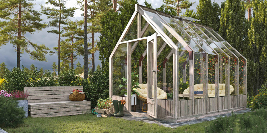 Mit der Serie Emilia in Skelettbauweise aus nordischer Fichte geht Palmako beim Thema Glashaus völlig neue Wege.&nbsp;
