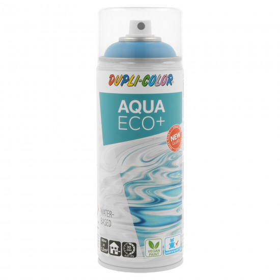 Piktogramme auf der Sprühflasche weisen auf die Vorteile &nbsp;des Produkts hin. So eignet sich Dupli-Color Aqua Eco+ für den Einsatz im Kinderzimmer, ist &nbsp;vegan und trocknet schnell.&nbsp;